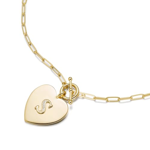 14K Gold Filled Heart Initial Necklace for Women, Dainty Alphabet Pendant Necklace with Paperclip Chain, Hypoallergenic Jewelry Gift for Her - color: Letter S