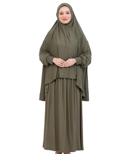 Prien Soft Prayer Dress For Women, Muslim Abaya Hijab Set, Long Turkish Cotton Praying Outfit, Islamic Clothes For Ramadan - color: Khaki