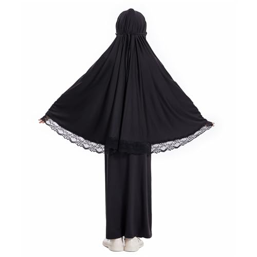 Girls Prayer Dress Muslim Abaya with Hijab 2pcs for Teen Girl Long Sleeve Islamic Maxi Set Arabic Ramadan Jilbab Eid Clothing - color: A-black, size: 5-6 Years