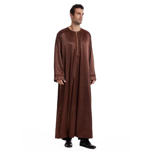 Men's Islamic Arab Kaftans Robe for Eid, Dubai Ramadan Daily Clothes - Muslim Thobe Shirt - color: A Brown, size: X-Large