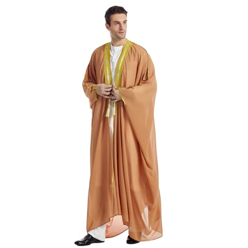 Muslim Thobe for Men Kaftan Robe Ramadan Abaya Prayer Dress Chiffon Open Front Embroidered Cardigan Islam Dubai Thobe Kimono - color: Camel, size: Medium