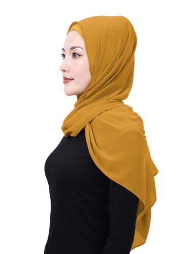 Matched Hijab and Undercap Set, Chiffon Muslim Head Scarf for Women, A Perfectly Decent Combination - color: Mustard