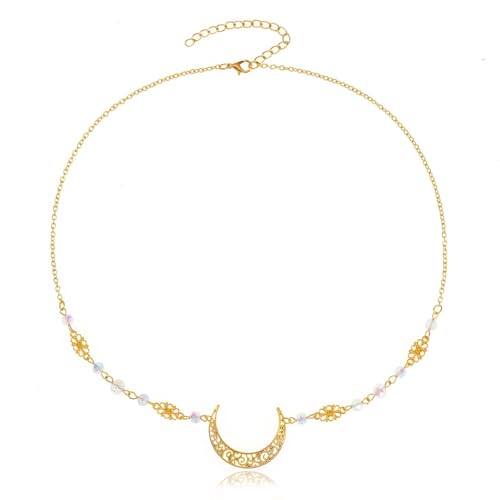 Yalice Boho Crescent Moon Head Chain Vintage Black Crystal Forehead Headpieces Rhinestone Witchy Halloween Hair Jewelry for Women - color: Gold-White