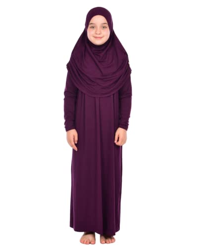 Prien Kids Prayer Dress Muslim Clothes for Girls Long Sleeve Abaya with Hijab Two Piece Maxi Islamic Set Scarf Kaftan Jilbab - color: Purple