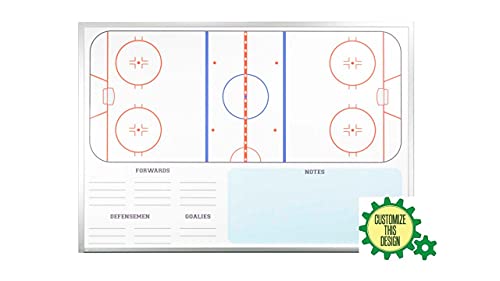 Dry Erase Ice Hockey Whiteboard, Wall Mounted 32" Tall x 45" Wide with Aluminum Trim and Full-Length Marker Tray. Includes Installation Hardware. Features Image of Full Rink, Line-Up, and Notes.