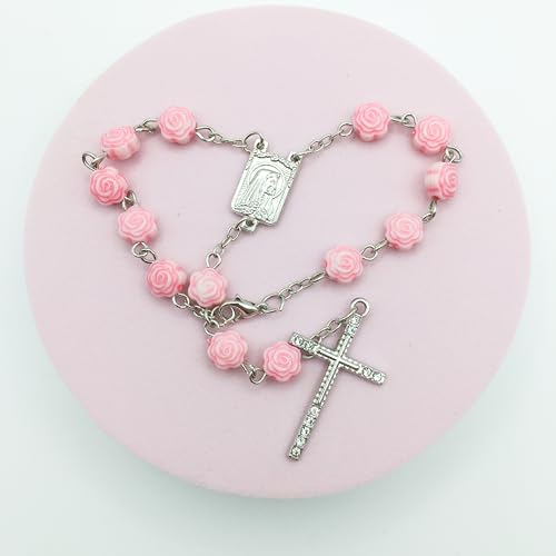 Pink Catholic Car Rosary – 2PCS Hanging Rosary with Rose Beads and Sparkling Rhinestone Cross for Rearview Mirror, Mini Religious Charm for Women, Cute Car Accessories