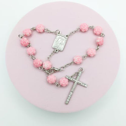 Pink Catholic Car Rosary – 2PCS Hanging Rosary with Rose Beads and Sparkling Rhinestone Cross for Rearview Mirror, Mini Religious Charm for Women, Cute Car Accessories