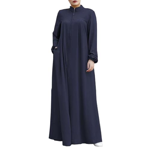 Womens Abaya Muslim Long Sleeve Front Zipper Dress Prayer Islamic Clothes with Pockets - color: Blue, size: Medium