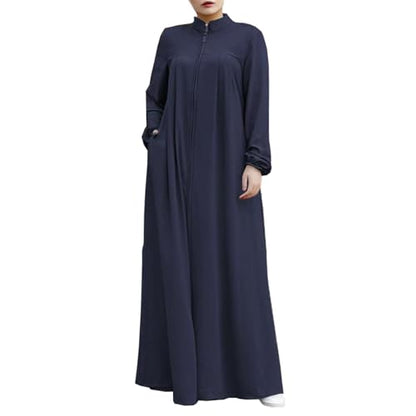 Womens Abaya Muslim Long Sleeve Front Zipper Dress Prayer Islamic Clothes with Pockets - color: Blue, size: Medium