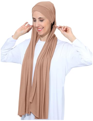 Instant Jersey Cotton Hijab Scarf for Women, Non-See Through Tieback Muslim Head Scarf - color: Brown