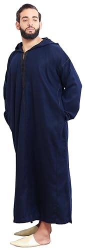 Moroccan Men Djellaba with Hood – Handmade Winter Jellaba Cotton Kaftan with Delicate Embroidery, Caftan Fits L–XL - color: Navy