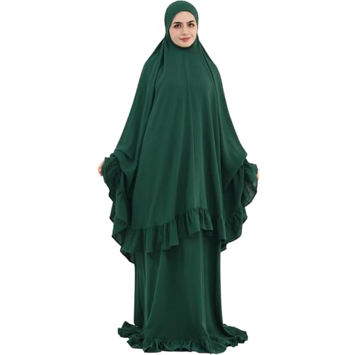 2PCS Abayas for Women Muslim Dress Ruffled Hem Modest Prayer Robe Full Coverage Modest Jilbab Set - color: Dark Green, size: Large