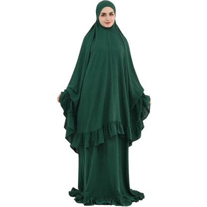 2PCS Abayas for Women Muslim Dress Ruffled Hem Modest Prayer Robe Full Coverage Modest Jilbab Set - color: Dark Green, size: Large