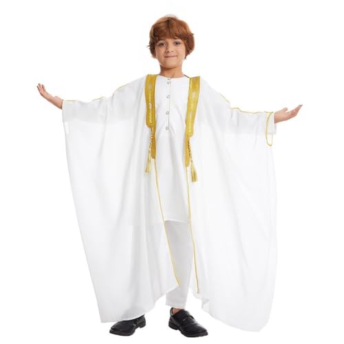 Boys Robe Islamic Muslim Clothes Kimono Loose Abaya Dresses Long Sleeve Embroidered Chiffon Kaftan Cardigan Casual Dubai Thobe - color: White