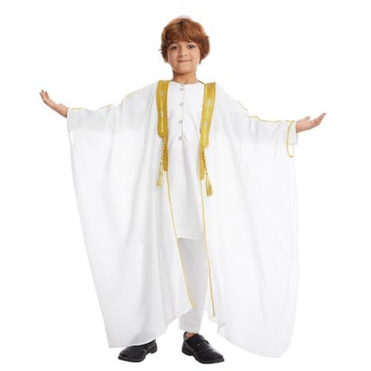 Boys Robe Islamic Muslim Clothes Kimono Loose Abaya Dresses Long Sleeve Embroidered Chiffon Kaftan Cardigan Casual Dubai Thobe - color: White