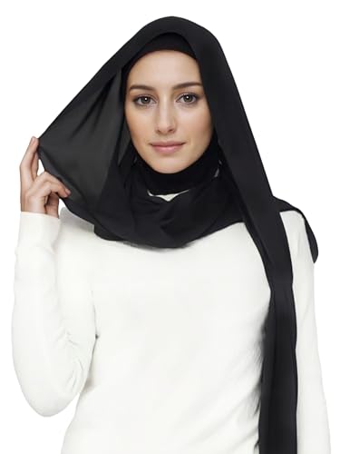Lina & Lily Flowy Chiffon Instant Hijab Scarf Attached Jersey Ninja Undercap Full Coverage for Muslim Women - color: Black