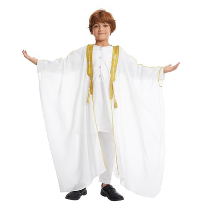 IWEMEK Kids Abaya Arabic Thobe for Boys Muslim Robes Islamic Prayer Clothes Embroidered Chiffon Kaftan Cardigan Dubai Thobe - color: White, size: 4-5T