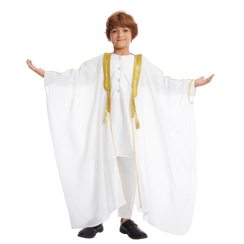 IDOPIP Muslim Thobe for Boys Islamic Arabic Kaftan Robe Ramadan Kids Long Sleeve Embroidery Tassels Open Front Cardigan Thobe - color: White, size: 5-7 Years