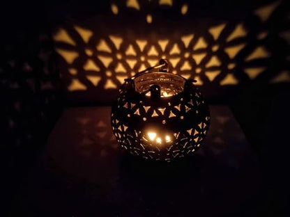 eTroves Handmade Moroccan Lanterns Hanging & Table Top Tea Light Candle Holder Round Tealight Stand for Indoor Outdoor Golden Hanging Tea Light Holder