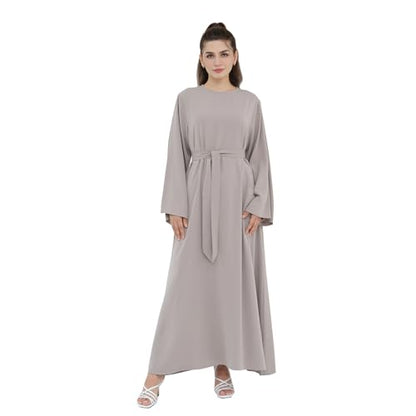 Women Abaya Dress with Belt Muslim Bell Sleeve Robe Islamic Prayer Jilbab | with Belt, A-line Skirt, Bell Sleeve - color: Taro Color, size: Medium