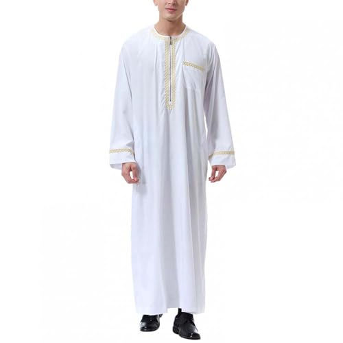Muslim Robe for Men Arab Long Sleeve Kaftan Islamic Arabic Abaya Thobe Ramadan Middle East Islamic Cloth Shirt Gown - color: White, size: Large
