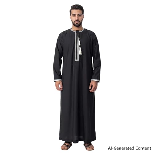 Kaftan for Men Muslim Gown Islamic Thobe Shirts Ramadan Abaya Dubai Arab Robe Long Sleeve Middle Eastern Kaftan - color: Black, size: Medium