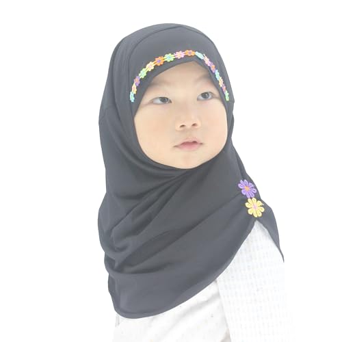 Girls Instant Hijab – Soft Kids Muslim Scarf with Flower, Breathable One-Piece Headscarf for Toddlers Age 2-8 - color: Small Flower-black