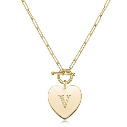 14K Gold Filled Heart Initial Necklace for Women, Dainty Alphabet Pendant Necklace with Paperclip Chain, Hypoallergenic Jewelry Gift for Her - color: Letter V