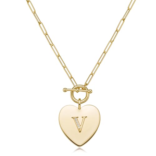 14K Gold Filled Heart Initial Necklace for Women, Dainty Alphabet Pendant Necklace with Paperclip Chain, Hypoallergenic Jewelry Gift for Her - color: Letter V