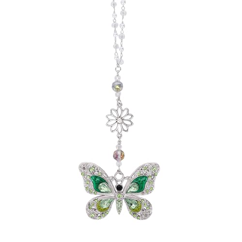 Green Crystal Butterfly Car Charm - Rear View Mirror Hanging Ornament, Sun Catcher Window Pendant for Car Interior Decoration, Christmas Birthday Gifts for Mom Aunt Women - color: green
