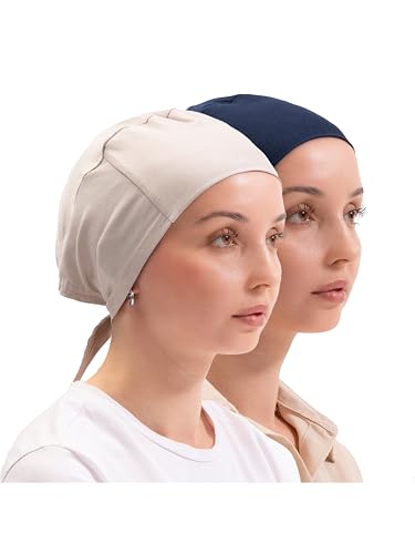 FabNest Women Hijab Undercap Islamic Muslim Under Scarf Hats Bonnet with Tie Back Non-Slip Breathable and Snug-Fit - color: Sand Beige + Navy Blue (2pcs)