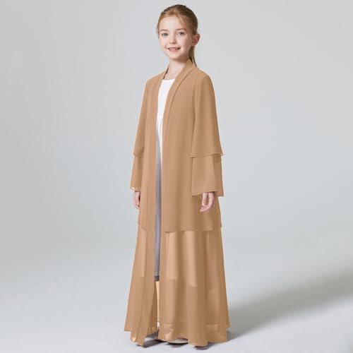 Kids Abaya Dress for Girls Muslim Dress with Hijab Chiffon Layered Open Front Cardigan Ramadan Eid Kaftans Dubai Outfit - color: Khaki, size: 4-5 Years