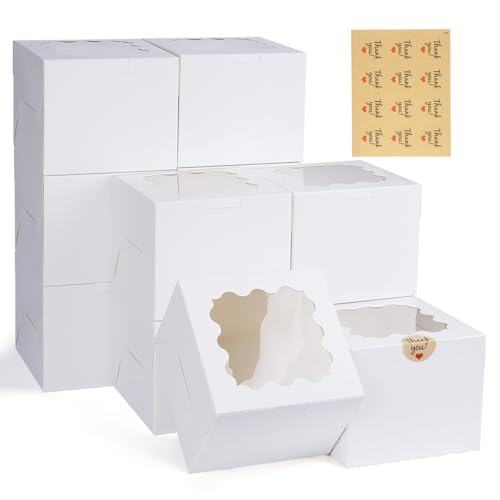 WINKIO 12 Pieces Cookie Boxes with Window, 6×6×5 Inches White Treat Boxes for Bakery Dessert Pastry Mini Cake Favor Donut Baked Goods (with Stickers) - color: white, size: 6×6×5 inches