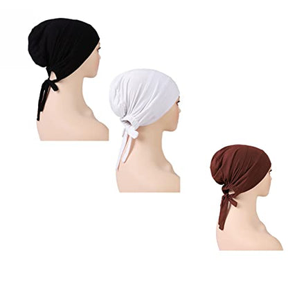 3 Pieces Adjustable Muslim Inner Under Hijab Cap with Ties Back Islamic Under Scarf Bonnet Caps Chemo Cap - color: White