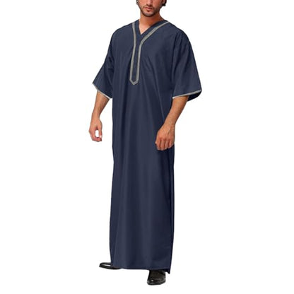 Thobe for Men Muslim Islamic Robe Kaftan Long Sleeve Jubba Arabic Dress Ramadan Eid Traditional Gown A14 - color: Navy, size: 5X-Large