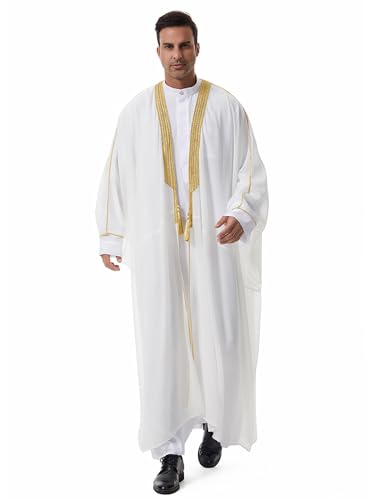IWEMEK Mens Kaftan Thobe Muslim Thobe Ramadan Abaya Prayer Dress Chiffon Open Front Embroidered Cardigan Dubai Islam Kimono - color: White, size: Medium