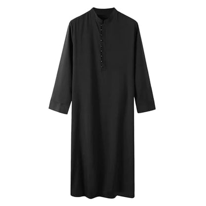 Men’s Muslim Islamic Thobe Robe Kaftan Long Sleeve Jubba Arabic Dubai Ethnic Prayer Gown with Pocket A19 - color: Black, size: Large
