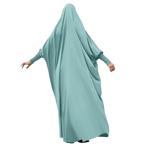 IDOPIP Muslim Abaya for Women One Piece Long Sleeve Islamic Prayer Dress with Hooded Hijab Maxi Kaftan Robe Modest Clothes - color: Light Green
