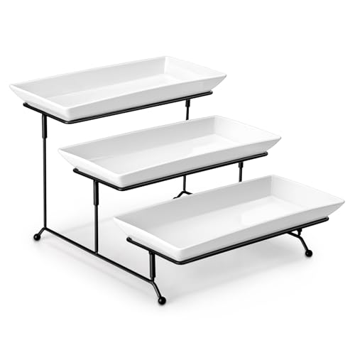 MALACASA 3 Tier Serving Trays for Party, Porcelain Serving Platters and Trays, 12 Inch Tiered Tray Stand, Fruit Tray, Trays for Serving Food, White Dessert Stand with Collapsible Sturdier Metal Rack - color: White, size: 12 Inch
