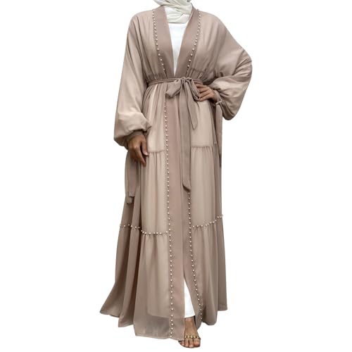 Abayas For Women Muslim Ramadan Long Sleeve Open Front Imitation Pearls Tiered Chiffon Dress Cardigan with Belt Dubai Kaftan - color: Apricot, size: Large