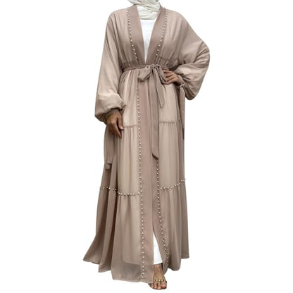 Abayas For Women Muslim Ramadan Long Sleeve Open Front Imitation Pearls Tiered Chiffon Dress Cardigan with Belt Dubai Kaftan - color: Apricot, size: Medium