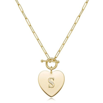 14K Gold Filled Heart Initial Necklace for Women, Dainty Alphabet Pendant Necklace with Paperclip Chain, Hypoallergenic Jewelry Gift for Her - color: Letter S