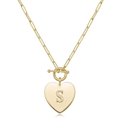 14K Gold Filled Heart Initial Necklace for Women, Dainty Alphabet Pendant Necklace with Paperclip Chain, Hypoallergenic Jewelry Gift for Her - color: Letter S