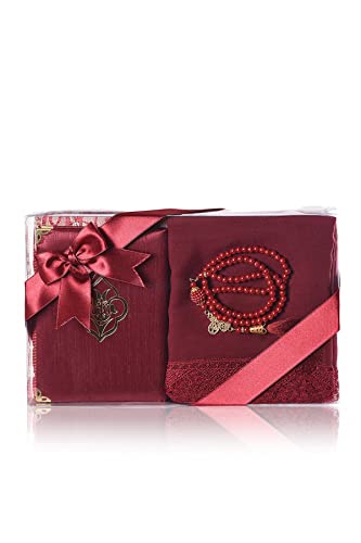 Decoret Muslim Prayer Rug, Yaseen Surah Pocket-Size Book, Fancy Shawl & Prayer Beads, Perfect Islamic Gift I Mawlid Gift I Suitable for Women,Kids I Soft Islamic Rug | Islamic Ramadan Eid Gifts (Red) - color: Red