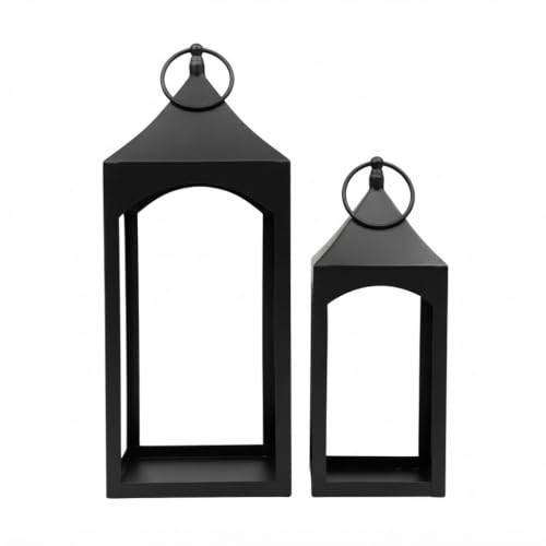 Hosley Set of 2 Modern Black Metal Lanterns, Large and Small Decorative Hanging Lanterns for Indoor Outdoor Home Decor, Candle Holders - color: Black