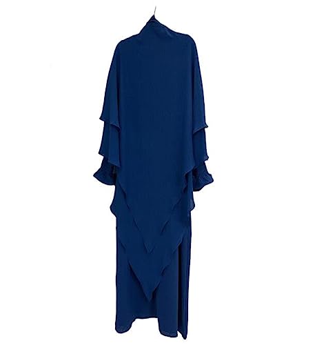 Women Prayer Dress Muslim Ramadan Garment Abaya Dubai Islam Jilbeb 2 Piece Set Layered Khimar Scarf Hijab and Long Dress - color: Dark Blue, size: Large