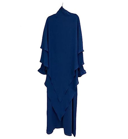 Women Prayer Dress Muslim Ramadan Garment Abaya Dubai Islam Jilbeb 2 Piece Set Layered Khimar Scarf Hijab and Long Dress - color: Dark Blue, size: XX-Large