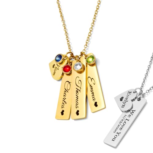 Custom Engraved 3D Vertical Pillar Bar Necklace – Personalized Name Pendant – 1 to 4 Sides – Non-Tarnish Stainless Steel – Gold/Silver – Adjustable Chain – Gift for Her, Mom/Dad With Kids Names - style: Heart