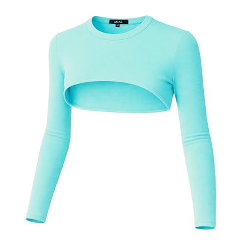 Women’s Cotton Arm Sleeves Bolero, Modest Long Sleeve Cover, Crew Neck Layering Top - color: Aqua #42, size: X-Small
