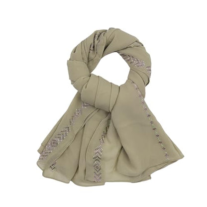 RARITYUS Sparkly Rhinestone Hijab Scarf for Women Silky Chiffon Instant Muslim Islamic Hijab Head Wrap Long Shawls - color: Khaki
